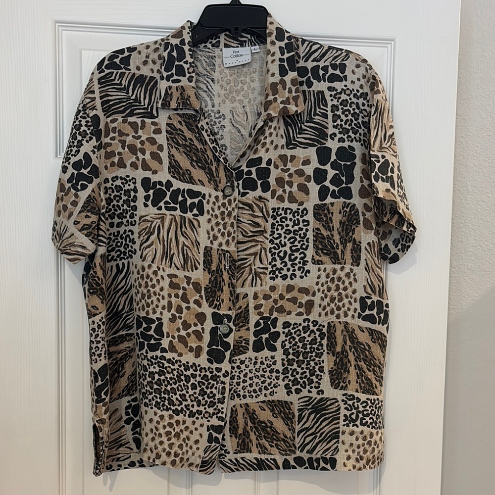 Cream and Black Graphic Boxy Button Down Shirt